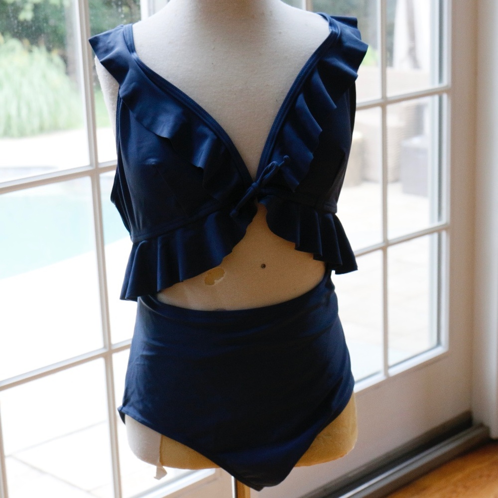 Charmo Women's Ruffle Cut Out One Piece Swimsuit Slate Blue Women's size M NWOT